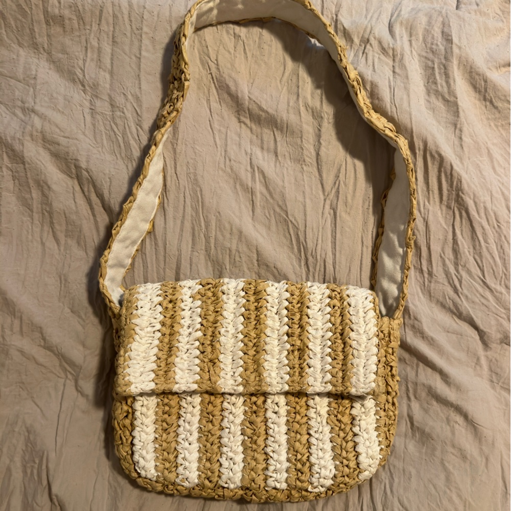 Striped Tan and Cream Woven Shoulder Bag